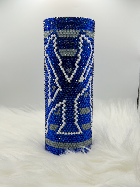 Blue & Grey Rhinestone Tumbler – Handmade Sparkling Bling Cup with Lid for Hot & Cold Drinks, Reusable Handmade Luxury Drinkware