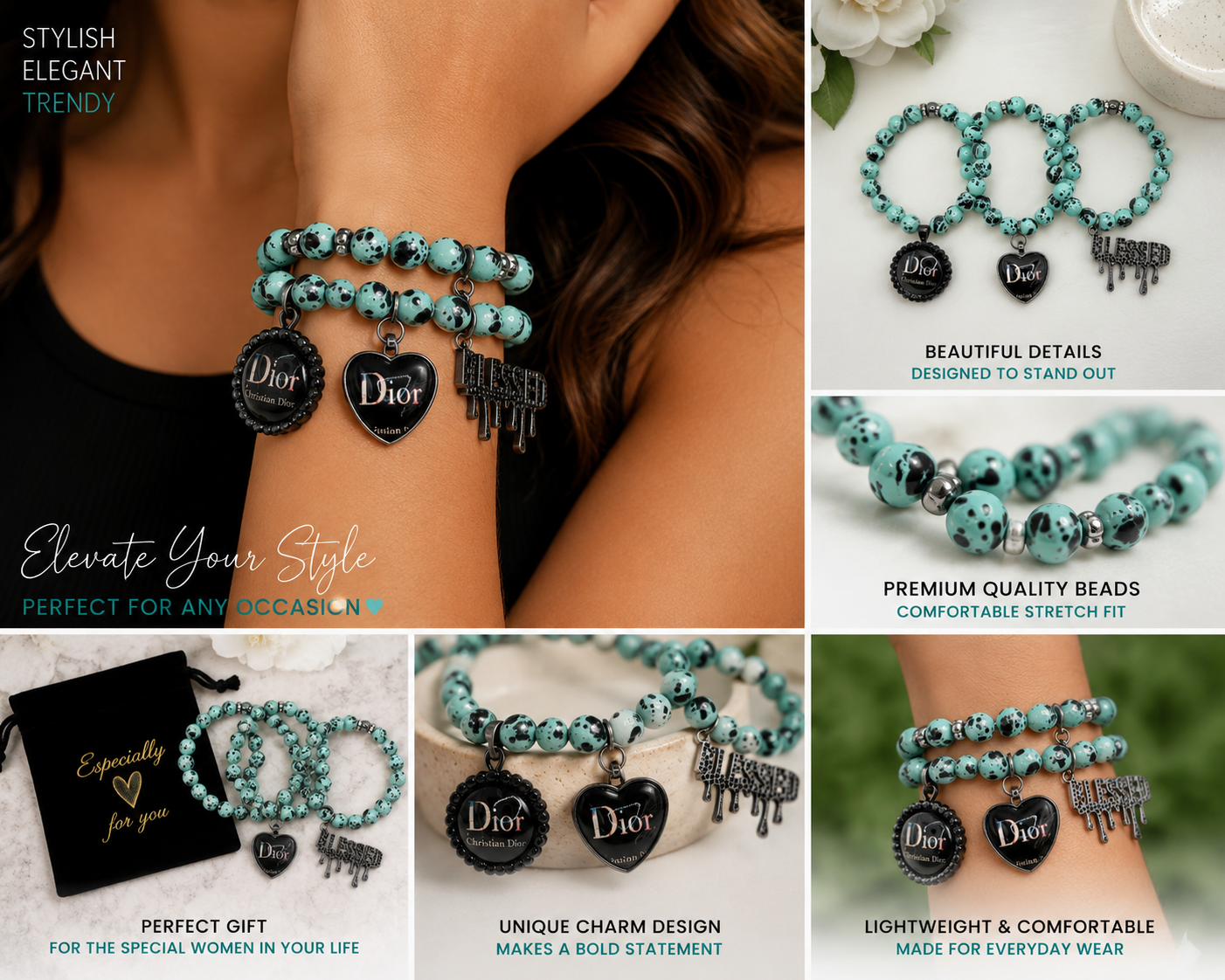 Turquoise Beaded Charm Bracelet Set | Stretch Bracelet for Women | Trendy Statement Jewelry | Aqua Black Bead Bracelet Gift