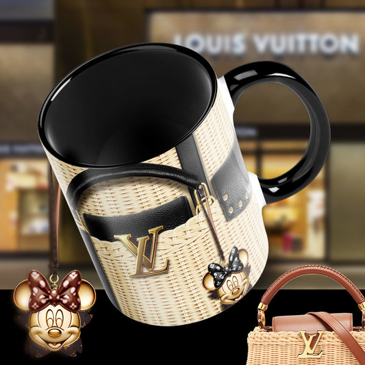 Luxury Minnie Designer Mug – Fashion-Inspired LV Style Coffee Cup with Wicker Bag Aesthetic & Glam Charm