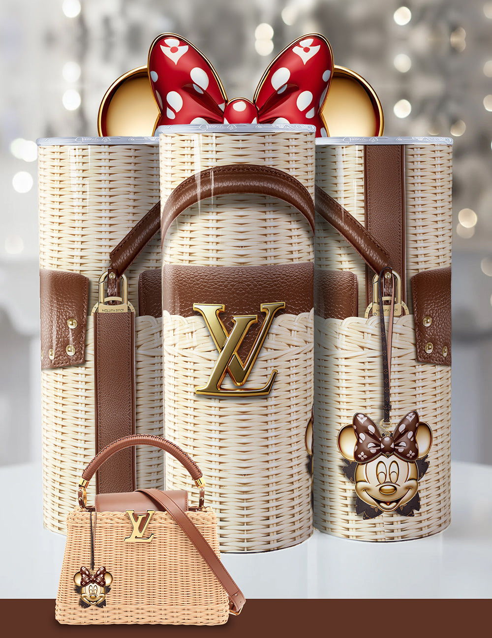 Minnie Mouse Designer-Inspired Tumbler – 20oz Luxury Wicker Handbag Look Cup with Red Bow & Glam Accents