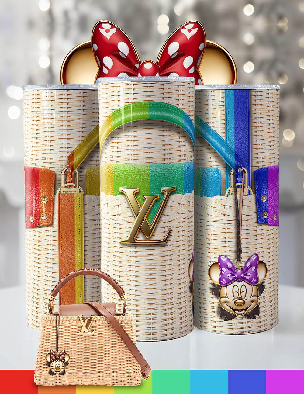 Minnie Mouse Designer-Inspired Tumbler – 20oz Luxury Wicker Handbag Look Cup with Red Bow & Glam Accents