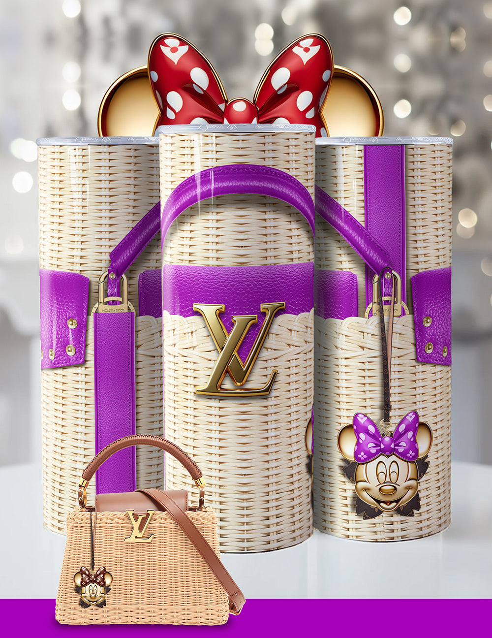 Minnie Mouse Designer-Inspired Tumbler – 20oz Luxury Wicker Handbag Look Cup with Red Bow & Glam Accents