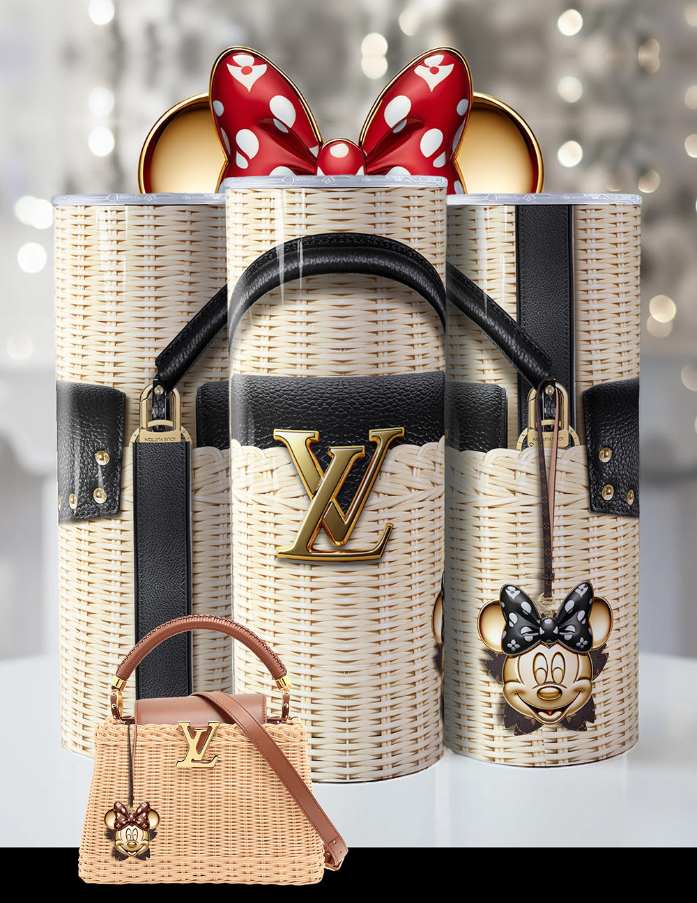 Minnie Mouse Designer-Inspired Tumbler – 20oz Luxury Wicker Handbag Look Cup with Red Bow & Glam Accents