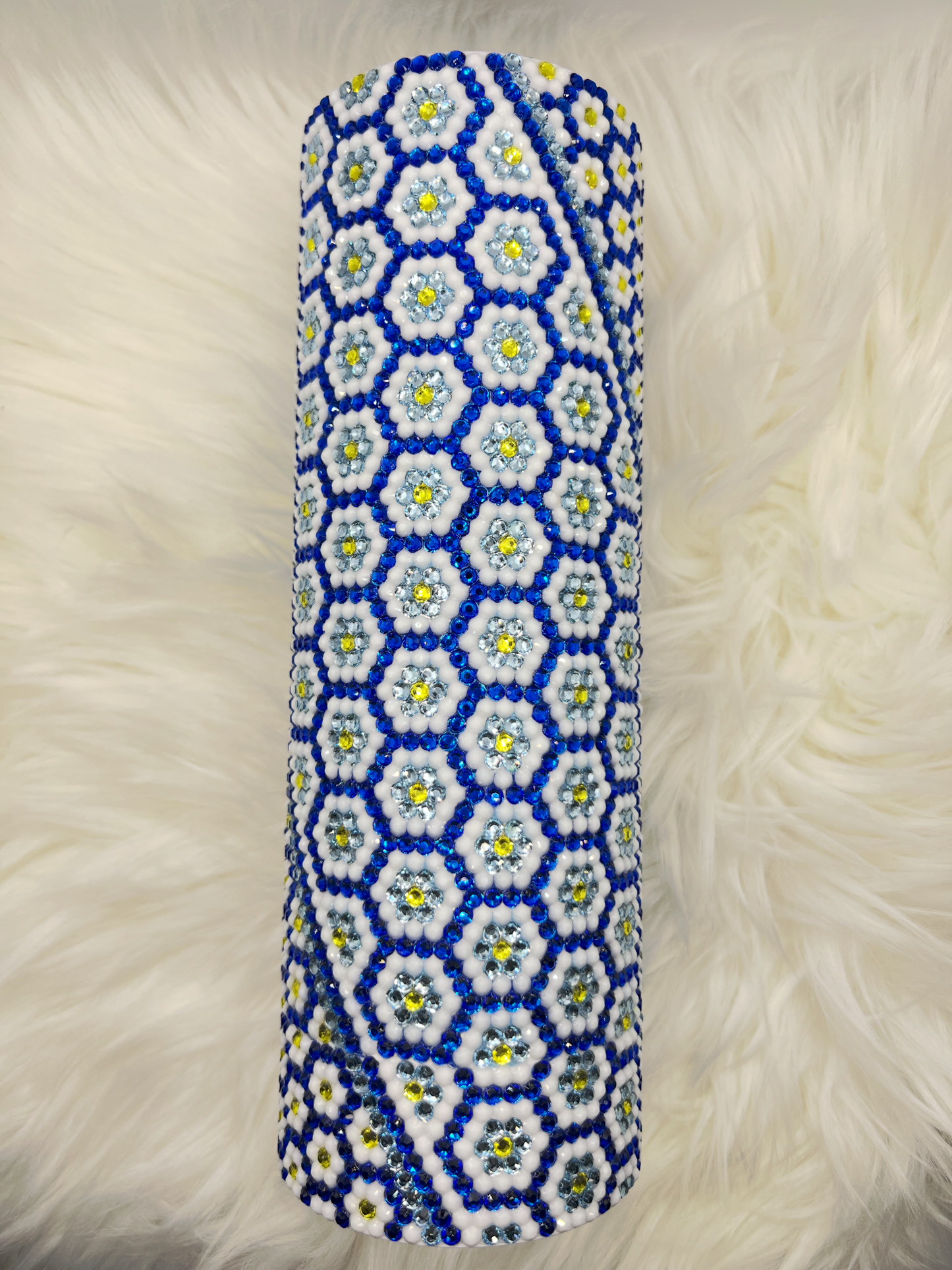 Sunflower Rhinestone Tumbler – 20oz Blue & White Crystal Bling Cup | Handmade Sparkle Drinkware Gift for Coffee, Tea & Cold Beverages