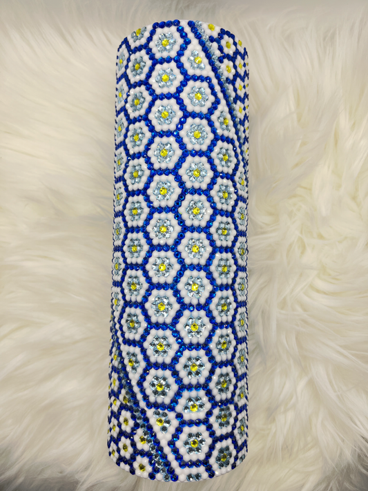 Sunflower Rhinestone Tumbler – 30oz Blue & White Crystal Bling Cup | Handmade Sparkle Drinkware Gift for Coffee, Tea & Cold Beverages