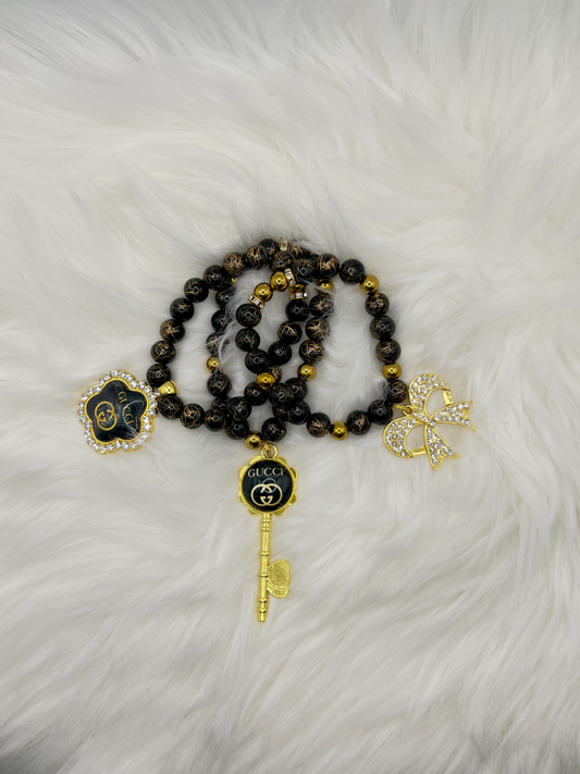Black & Gold Luxury Beaded Bracelet Set – 3-Piece Stackable Jewelry with Charms, Rhinestone Accents & Gift-Ready Style