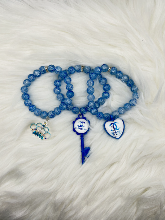 Luxury Blue Beaded Bracelet Set – 3-Piece Handmade Stackable Jewelry with Crystal Beads, Fashion-Inspired Charms & Elegant Gift for Women