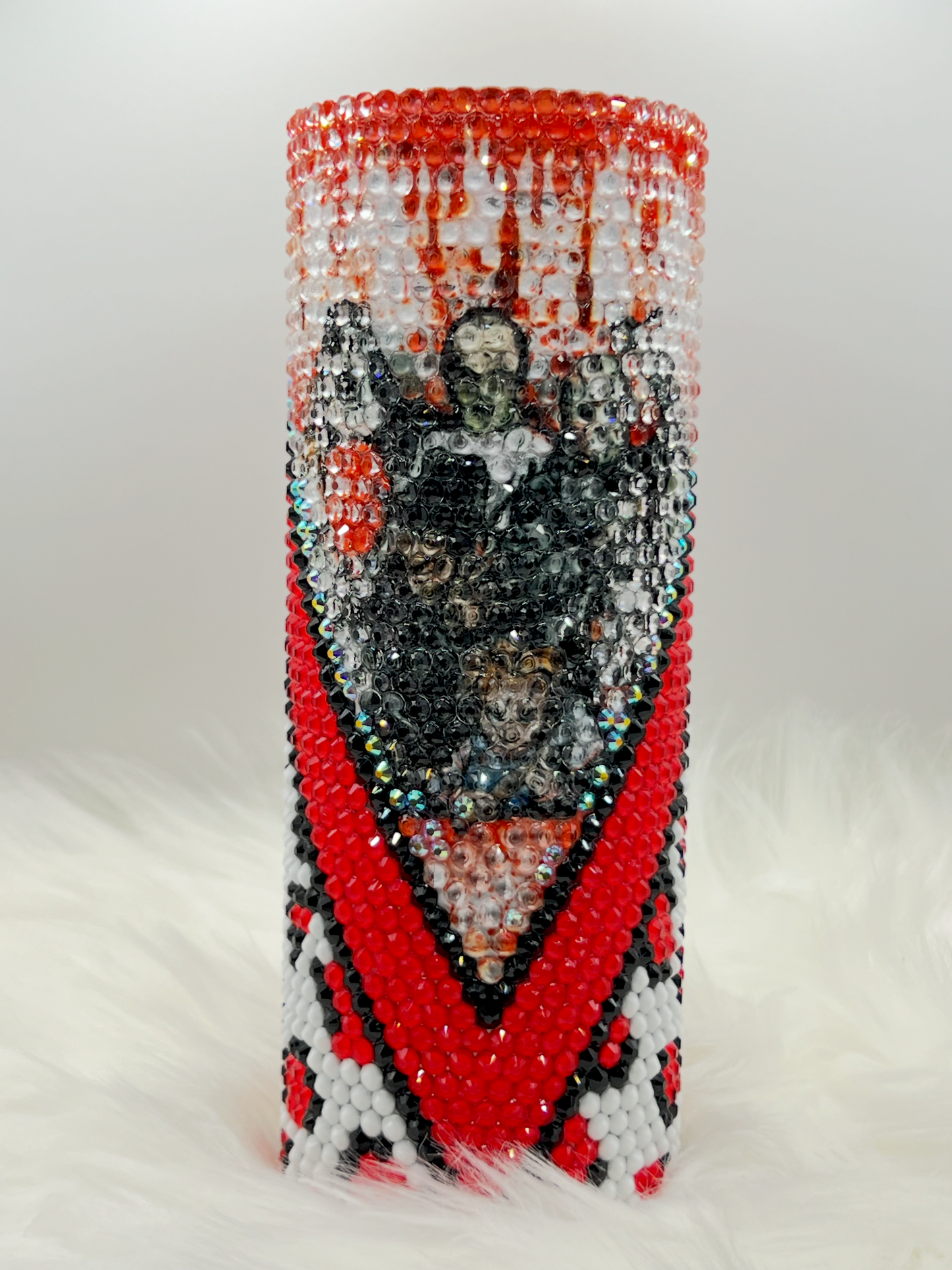 Horror Movie Rhinestone Tumbler – Handmade Red, Black & White Bling Cup for Spooky Season, Halloweens  & Collectors