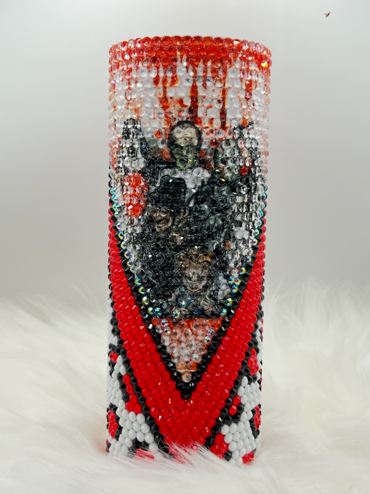 Horror Movie Rhinestone Tumbler – Handmade Red, Black & White Bling Cup for Spooky Season, Halloweens  & Collectors