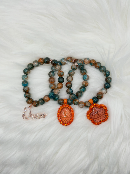 Orange & Teal Handmade Beaded Bracelet Set – 3-Piece Handmade Jewelry with Louis Vuitton-Inspired Pendant & Queen Crown Charm