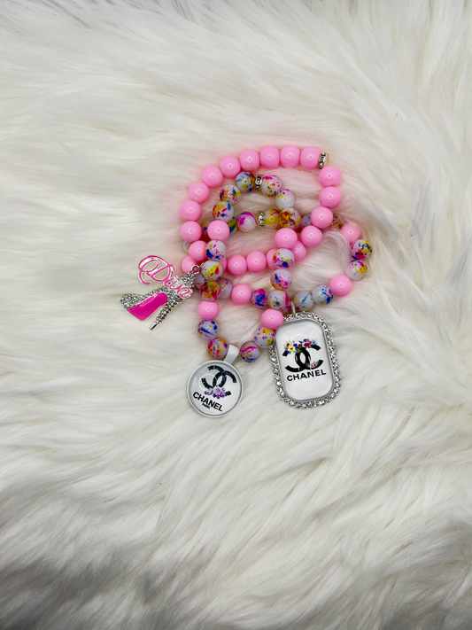 Luxury Handmade Pink Beaded Bracelet Set – 3-Piece Stackable Jewelry with Chanel-Inspired & Diva Charms for Women