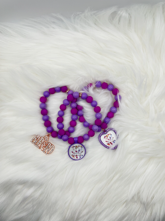 Handmade Purple Beaded Bracelet Set – 3-Piece Stackable Jewelry with Charms & Word Pendant for women, men and gifts