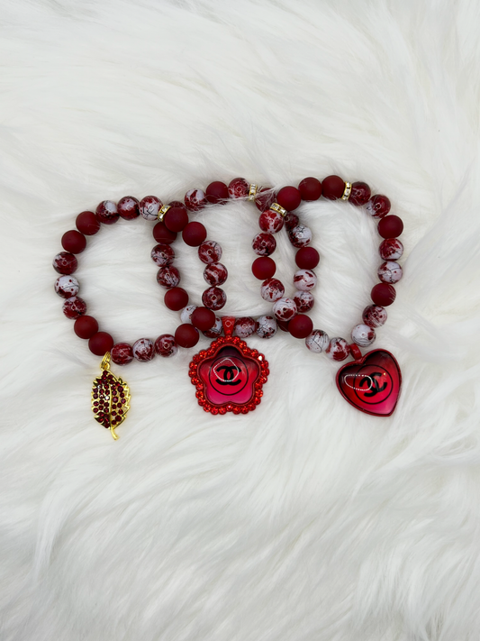 Handmade Red Beaded Bracelet Set – 3-Piece Stackable Jewelry with Leaf Charm, Red-Inspired Pendant & Trendy Bracelet Style for Women & Men, Gifts