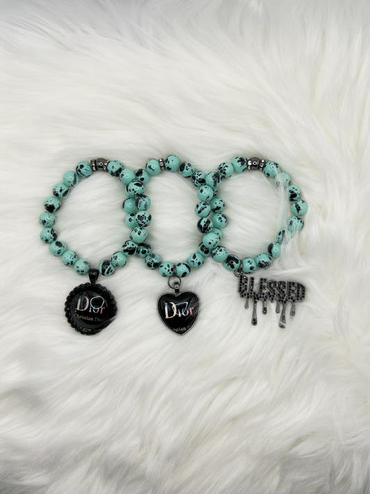 Teal & Black Luxury Handmade Beaded Bracelet Set – 3-Piece Handmade Jewelry with Dior-Inspired & Blessed Charms