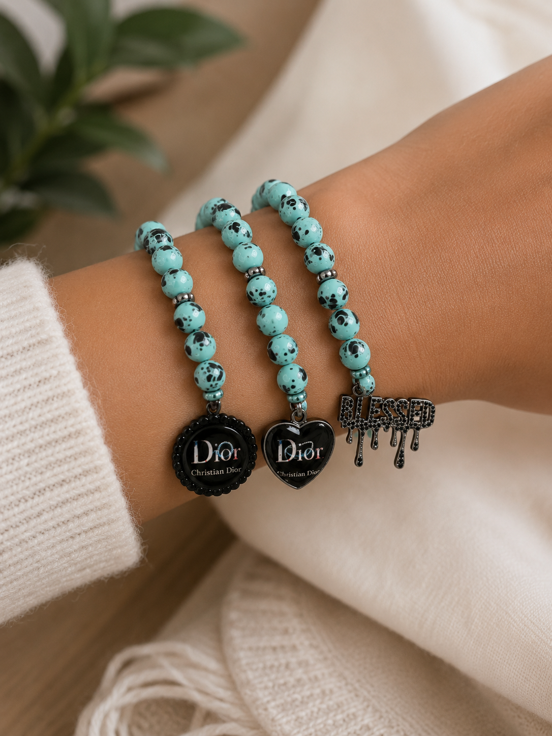 Turquoise Beaded Charm Bracelet Set | Stretch Bracelet for Women | Trendy Statement Jewelry | Aqua Black Bead Bracelet Gift