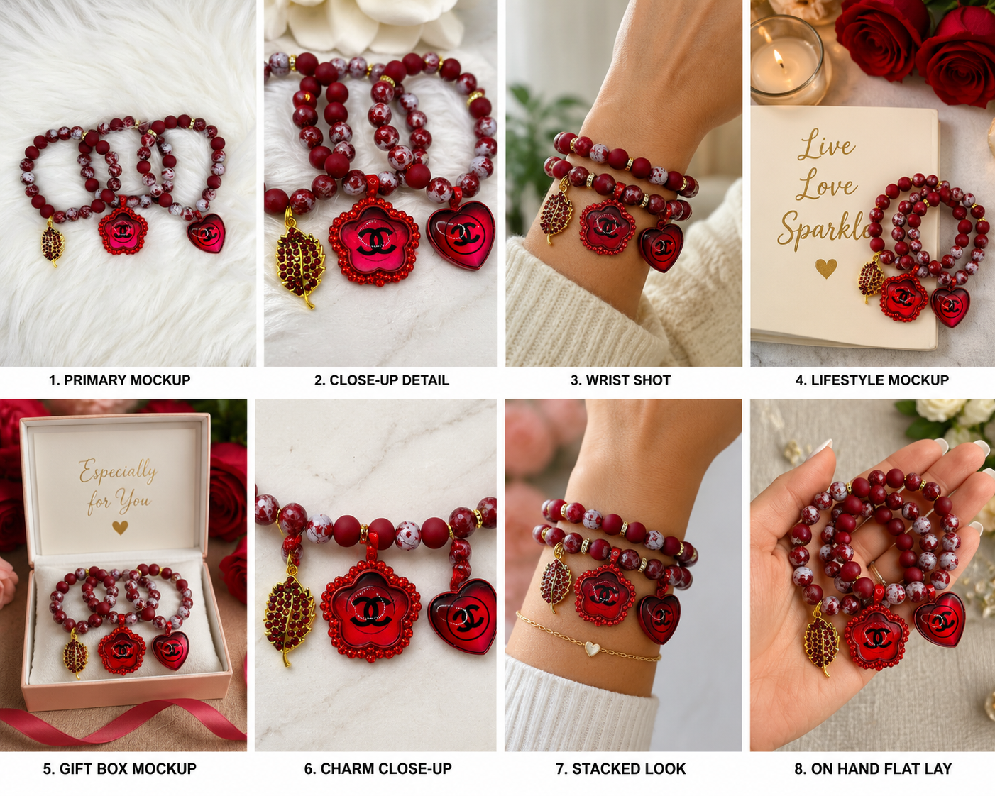 Red Beaded Charm Bracelet Set | Women's Stretch Bracelet | Heart Charm Statement Jewelry | Elegant Fashion Gift for Her
