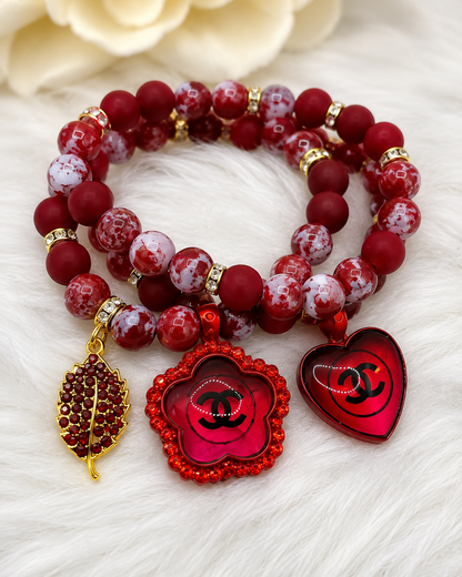 Red Beaded Charm Bracelet Set | Women's Stretch Bracelet | Heart Charm Statement Jewelry | Elegant Fashion Gift for Her