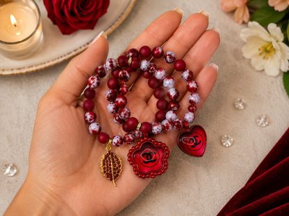 Red Beaded Charm Bracelet Set | Women's Stretch Bracelet | Heart Charm Statement Jewelry | Elegant Fashion Gift for Her