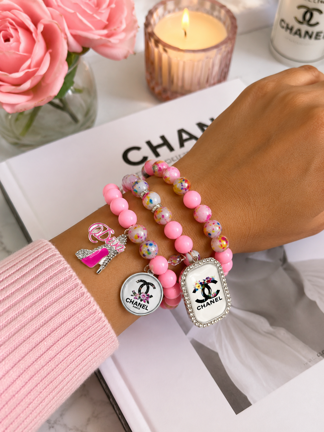 Pink Beaded Charm Bracelet | Women's Stretch Bracelet | Cute Fashion Jewelry | Sparkle Bead Bracelet | Gift for Her | Trendy Accessory