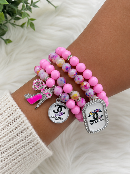 Pink Beaded Charm Bracelet | Women's Stretch Bracelet | Cute Fashion Jewelry | Sparkle Bead Bracelet | Gift for Her | Trendy Accessory