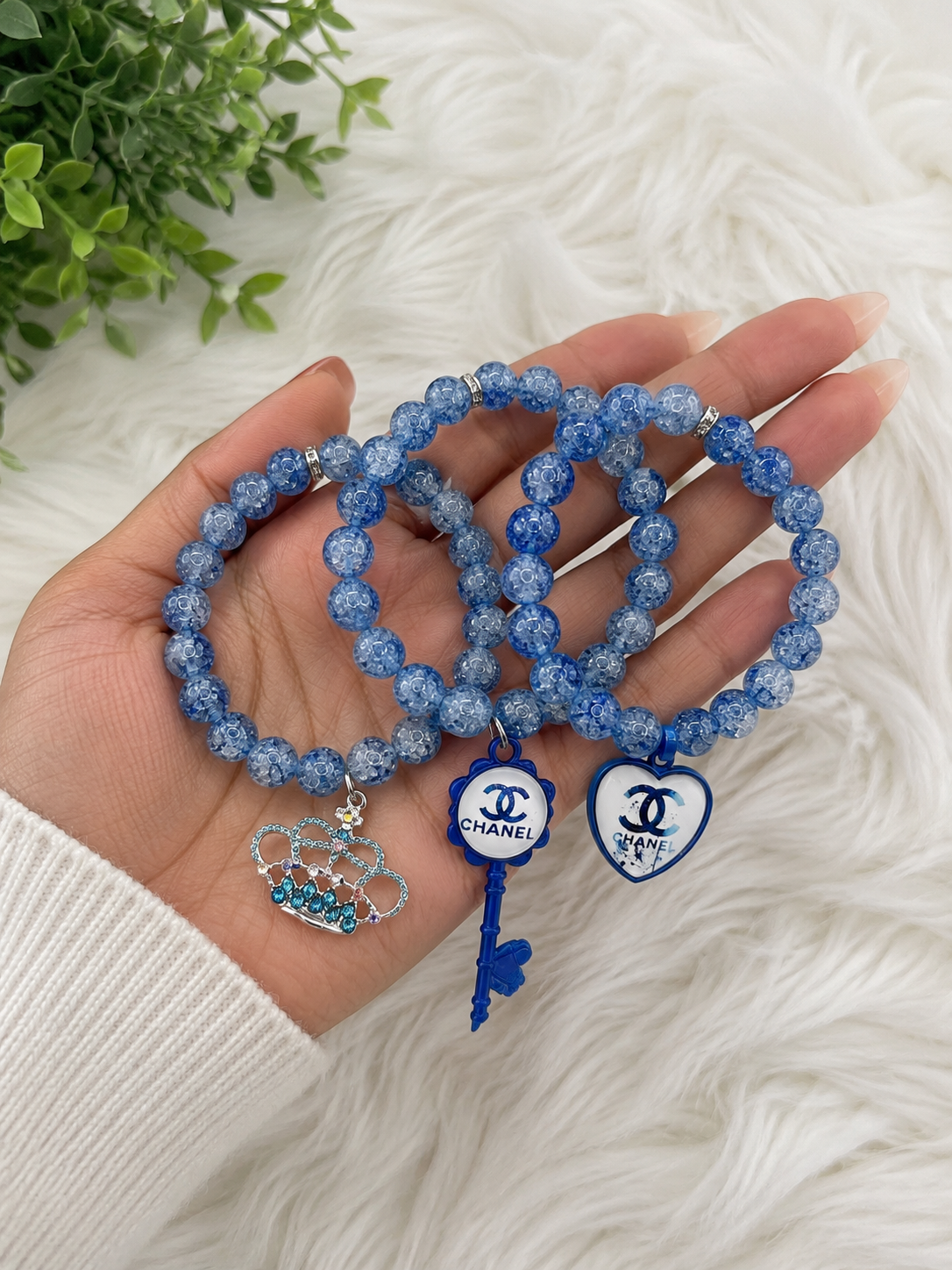 Blue Crystal Beaded Charm Bracelet | Women's Stretch Bracelet | Elegant Fashion Jewelry | Statement Bead Bracelet | Gift for Her