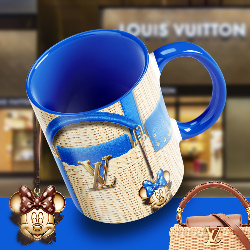 Luxury Minnie Designer Mug – Fashion-Inspired LV Style Coffee Cup with Wicker Bag Aesthetic & Glam Charm