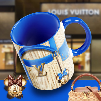 Luxury Minnie Designer Mug – Fashion-Inspired LV Style Coffee Cup with Wicker Bag Aesthetic & Glam Charm