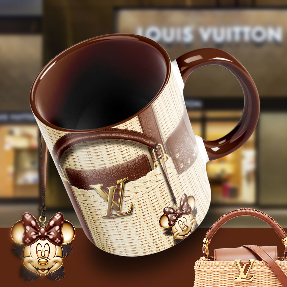 Luxury Minnie Designer Mug – Fashion-Inspired LV Style Coffee Cup with Wicker Bag Aesthetic & Glam Charm