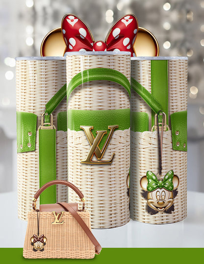 Minnie Mouse Designer-Inspired Tumbler – 20oz Luxury Wicker Handbag Look Cup with Red Bow & Glam Accents