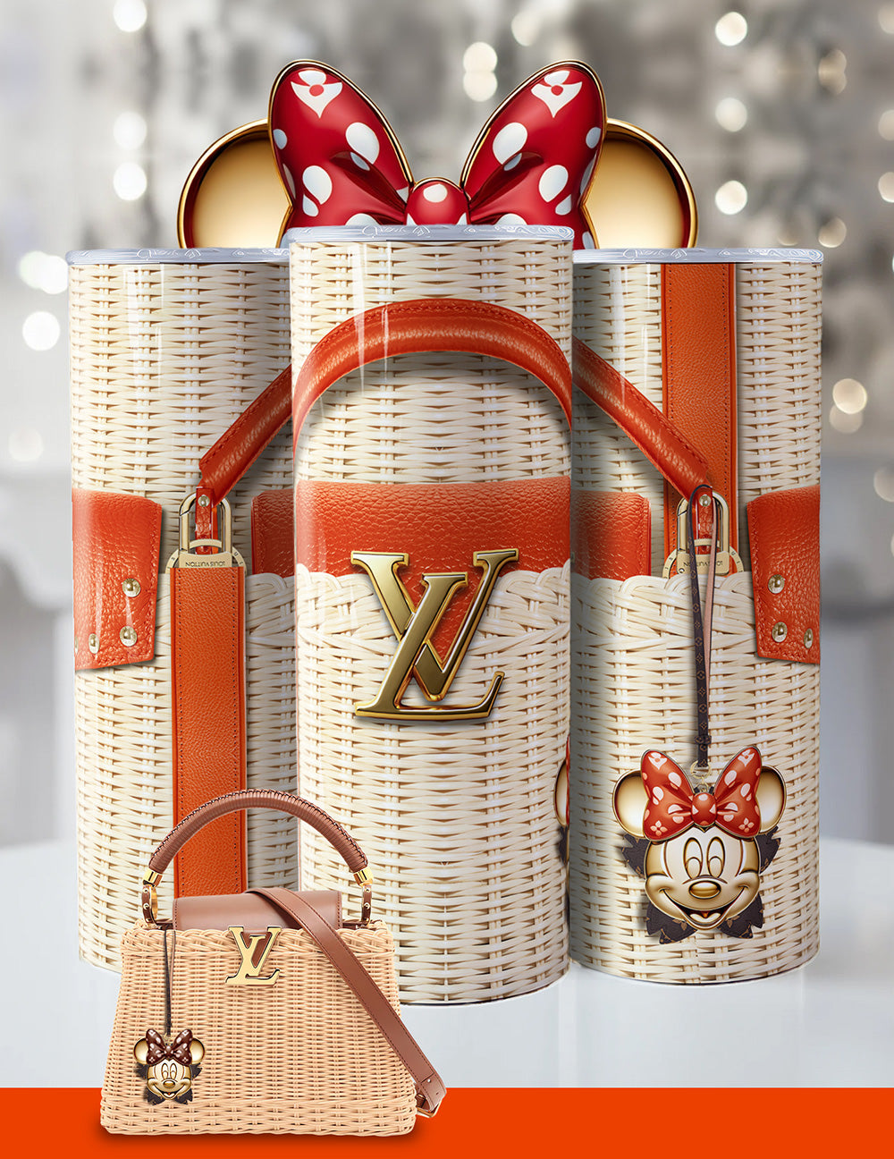 Minnie Mouse Designer-Inspired Tumbler – 20oz Luxury Wicker Handbag Look Cup with Red Bow & Glam Accents
