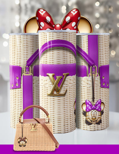Minnie Mouse Designer-Inspired Tumbler – 20oz Luxury Wicker Handbag Look Cup with Red Bow & Glam Accents