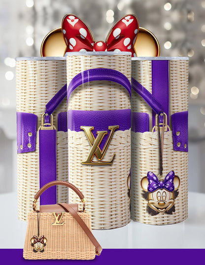Minnie Mouse Designer-Inspired Tumbler – 20oz Luxury Wicker Handbag Look Cup with Red Bow & Glam Accents