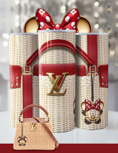 Minnie Mouse Designer-Inspired Tumbler – 20oz Luxury Wicker Handbag Look Cup with Red Bow & Glam Accents