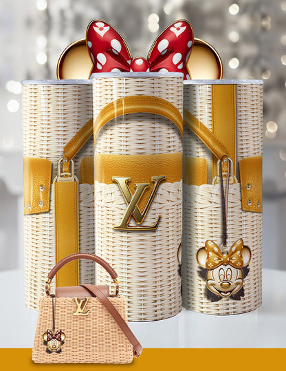 Minnie Mouse Designer-Inspired Tumbler – 20oz Luxury Wicker Handbag Look Cup with Red Bow & Glam Accents