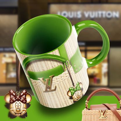 Luxury Minnie Designer Mug – Fashion-Inspired LV Style Coffee Cup with Wicker Bag Aesthetic & Glam Charm