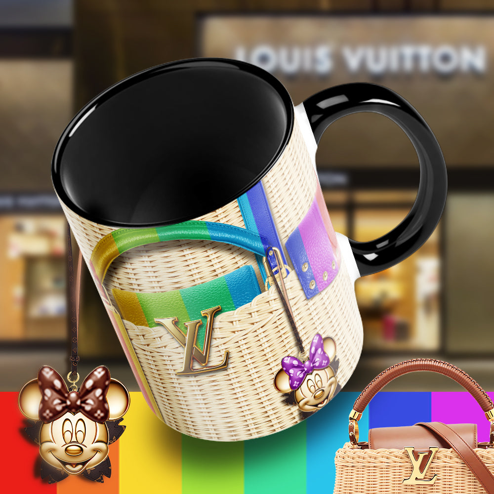 Luxury Minnie Designer Mug – Fashion-Inspired LV Style Coffee Cup with Wicker Bag Aesthetic & Glam Charm