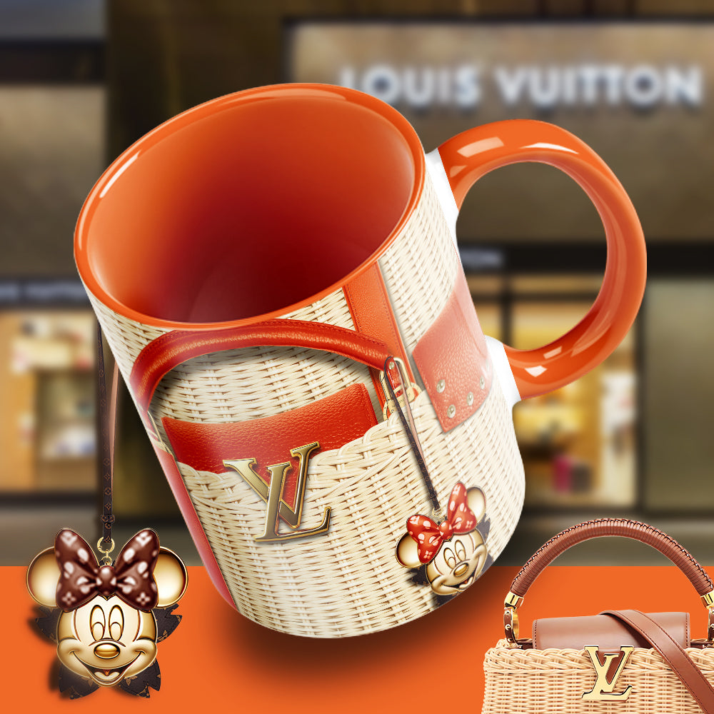 Luxury Minnie Designer Mug – Fashion-Inspired LV Style Coffee Cup with Wicker Bag Aesthetic & Glam Charm