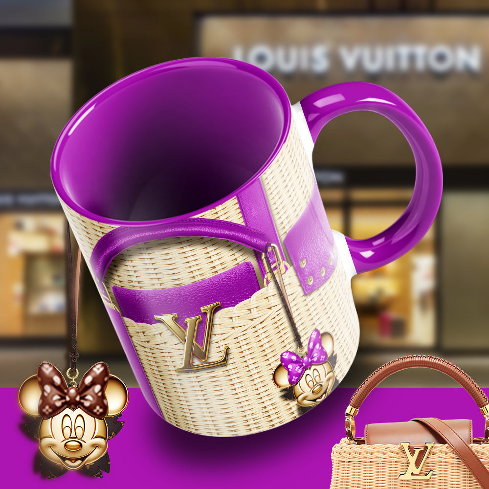 Luxury Minnie Designer Mug – Fashion-Inspired LV Style Coffee Cup with Wicker Bag Aesthetic & Glam Charm