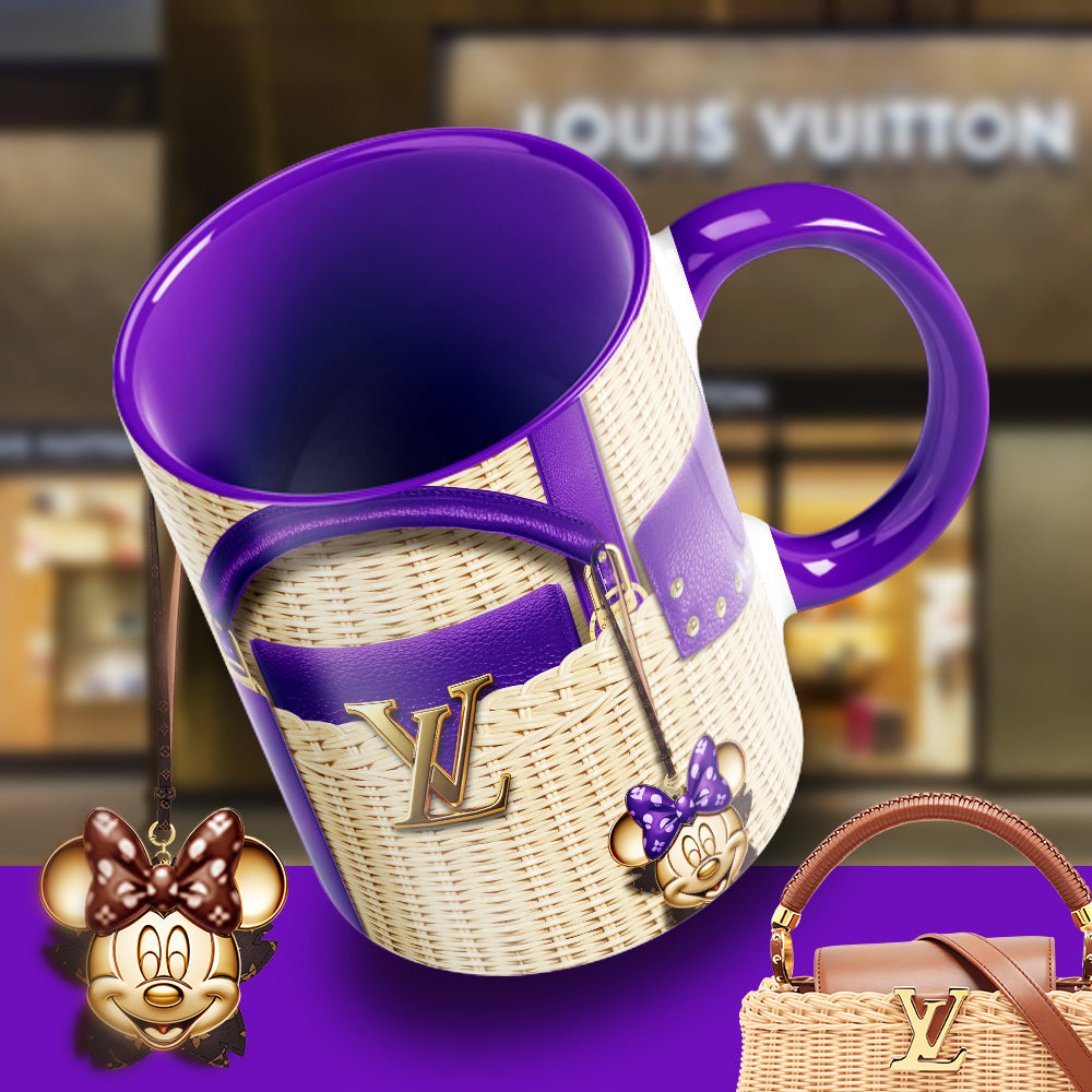 Luxury Minnie Designer Mug – Fashion-Inspired LV Style Coffee Cup with Wicker Bag Aesthetic & Glam Charm