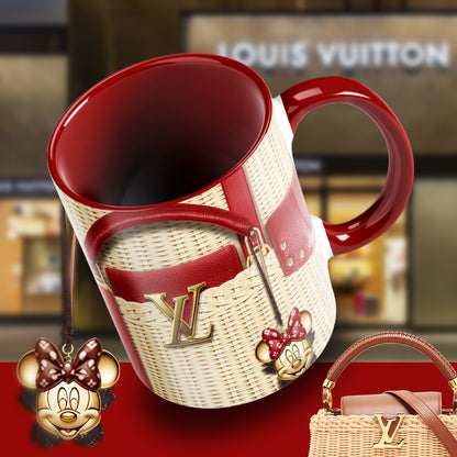 Luxury Minnie Designer Mug – Fashion-Inspired LV Style Coffee Cup with Wicker Bag Aesthetic & Glam Charm
