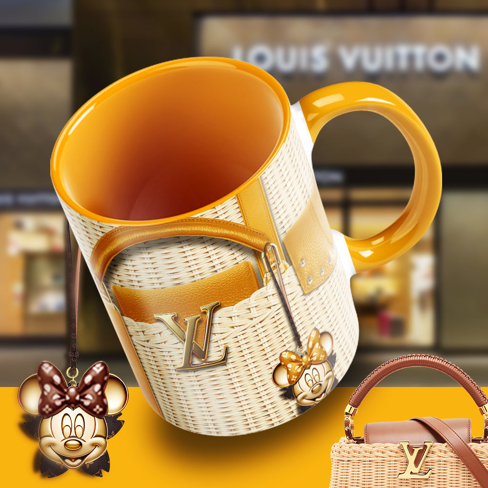 Luxury Minnie Designer Mug – Fashion-Inspired LV Style Coffee Cup with Wicker Bag Aesthetic & Glam Charm