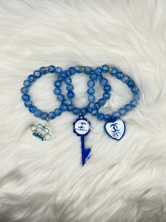 Blue Crystal Beaded Charm Bracelet | Women's Stretch Bracelet | Elegant Fashion Jewelry | Statement Bead Bracelet | Gift for Her