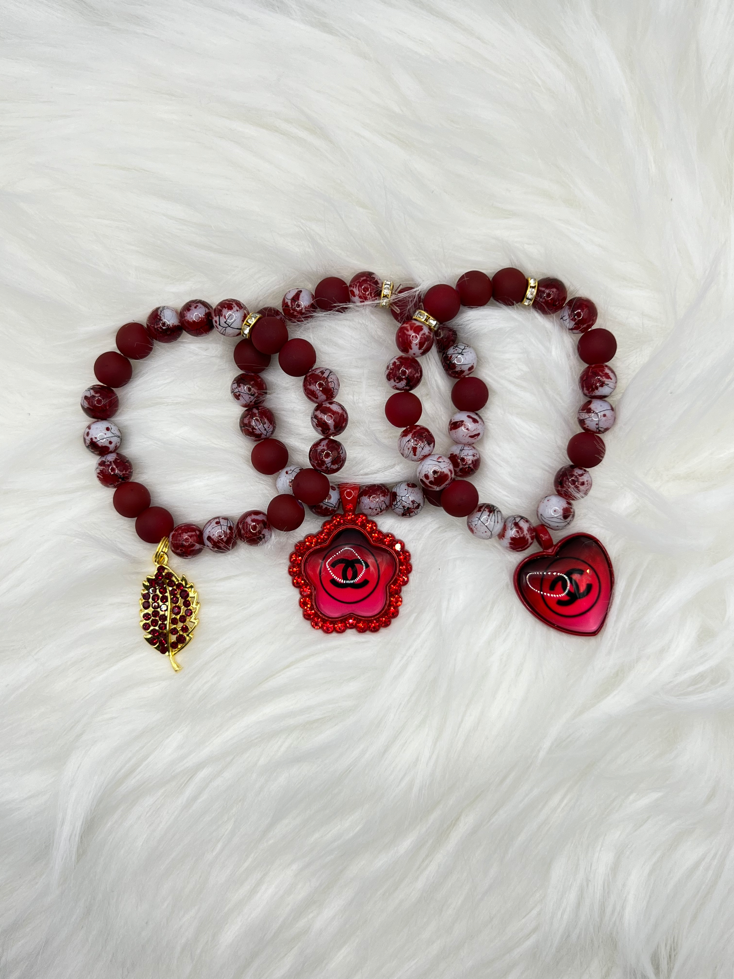 Red Beaded Charm Bracelet Set | Women's Stretch Bracelet | Heart Charm Statement Jewelry | Elegant Fashion Gift for Her