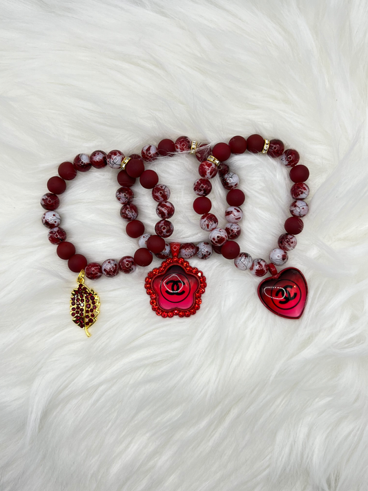 Red Beaded Charm Bracelet Set | Women's Stretch Bracelet | Heart Charm Statement Jewelry | Elegant Fashion Gift for Her