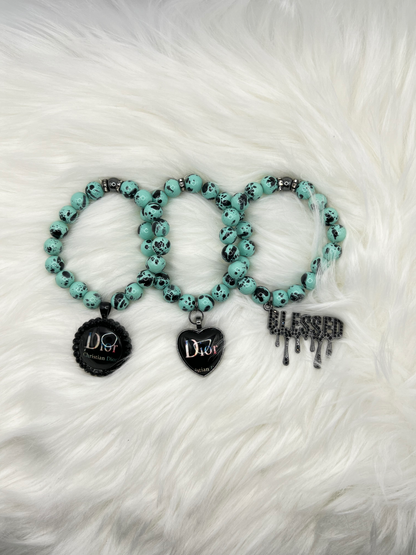 Turquoise Beaded Charm Bracelet Set | Stretch Bracelet for Women | Trendy Statement Jewelry | Aqua Black Bead Bracelet Gift