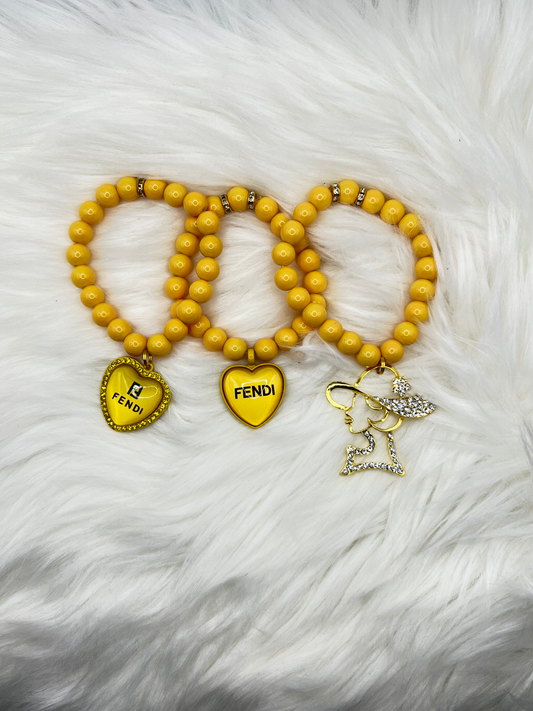 Yellow Beaded Charm Bracelet Set | Women's Stretch Bracelet | Heart Charm Statement Jewelry | Trendy Fashion Gift for Her
