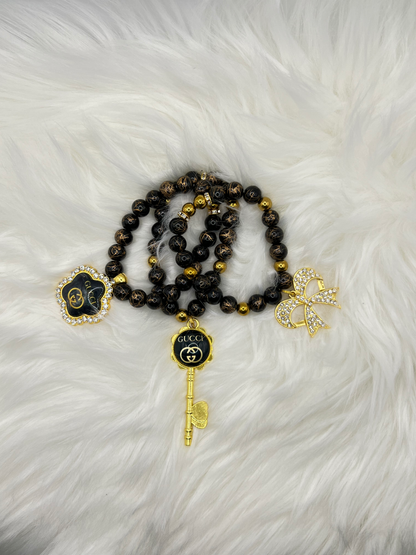 Luxury Black & Gold Beaded Charm Bracelet | Elegant Rhinestone Accent Stretch Bracelet | Statement Jewelry Gift for Women