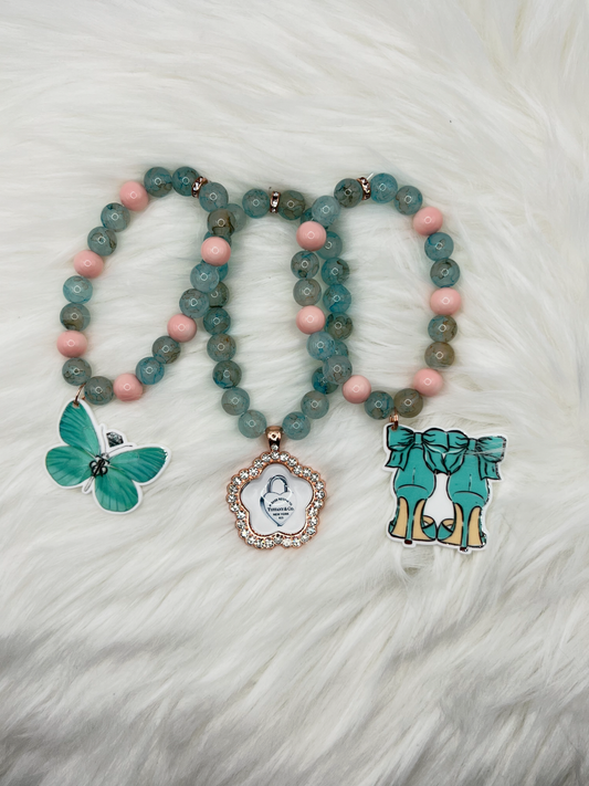 Teal & Pink Luxury Handmade Beaded Bracelet Set – 3-Piece Handmade Jewelry with Butterfly, Tiffany-Inspired & High Heel Charms